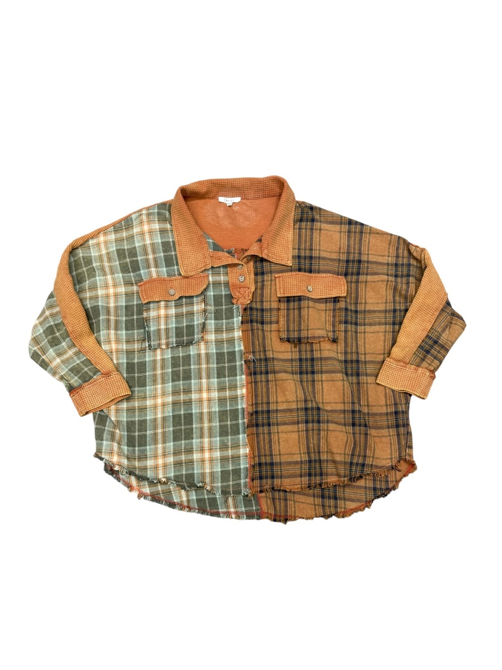 Oli & Hali Boho Patchwork Mixed Plaid Waffle Knit Raw Hem Oversized Shacket Top - Picture 5 of 9